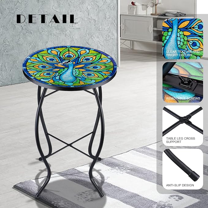 VCUTEKA Patio Side Table Outdoor Accent Table Bistro Coffee Table Plant End Table Small Porch Table Indoor Round Glass Balcony Plant Table Stands Peacock