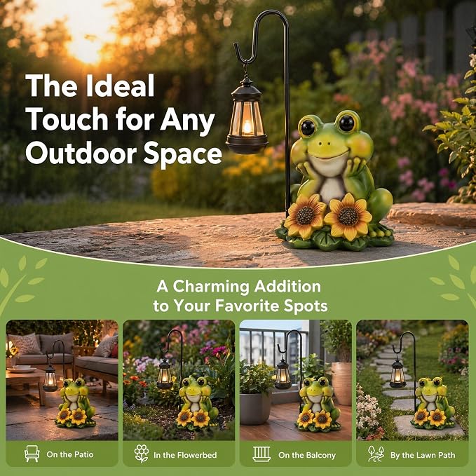 Solar Frog Garden Statue with LED Light – Hand-Painted Resin Outdoor Decor, Waterproof Lawn Ornament for Patio Yard Balcony, Unique Gift for Mom Grandma Women, Fairy Garden Decoration