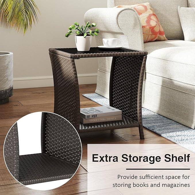 Kinfant Rattan Patio Side Table - Modern Wicker End Table, PE Rattan Coffee Table with Glass Top, Weather-Resistant Patio Furniture for Patio, Balcony, Garden, and Poolside (1, Sesame)