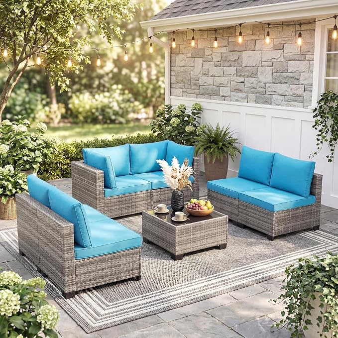 ANJ 7 Piece Outdoor Wicker Patio Furniture Set, Modular Loveseat Sofa with with Glass Top Coffee Table, All-Weather Rattan Conversation Couch Set for Balcony, Backyard, Light Grey Wicker-Turquoise