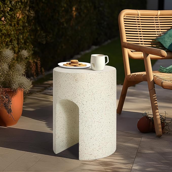 LuxenHome Outdoor Side Table, 18 inch Mod Cream Cement Round with U-Shape Side Table Small Accent Decorative Stool for Garden,Patio, Indoor and Outdoor