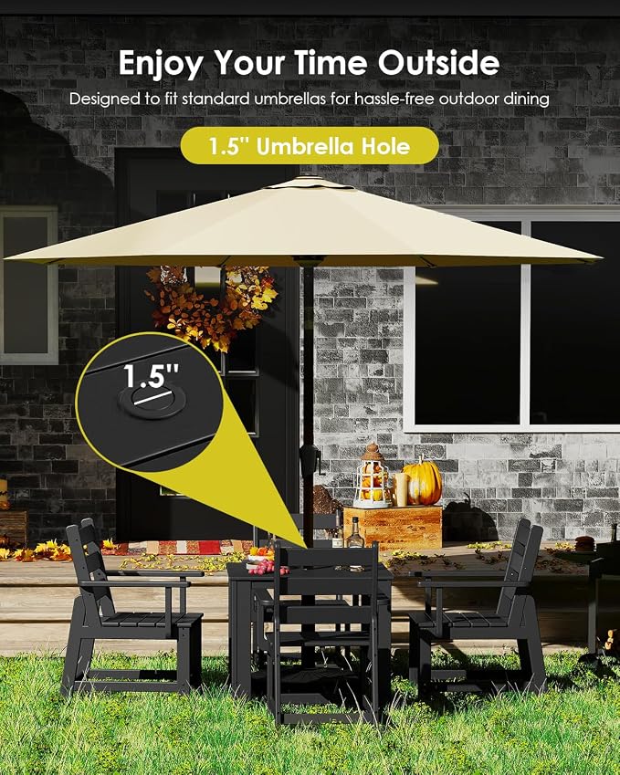 GREENVINES 5-Piece-Outdoor-Dining-Set | HDPE | Square | Patio Furniture | Table and Chairs Sets for 4 | All Weather | Removable Armrests | Umbrella Hole | for Backyard Poolside Garden | Black