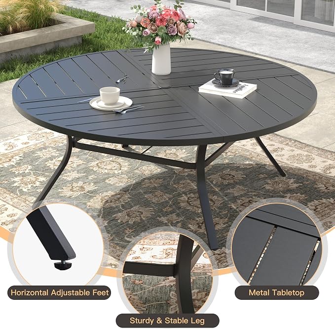 Outdoor Dining Set for 8, 60.1" Outdoor Dining Table with Umbrella Hole and Padded Textilene Patio Swivel Chairs, 9 Pieces Patio Table and Chairs Set for Garden Backyard, Dark Blue and Black