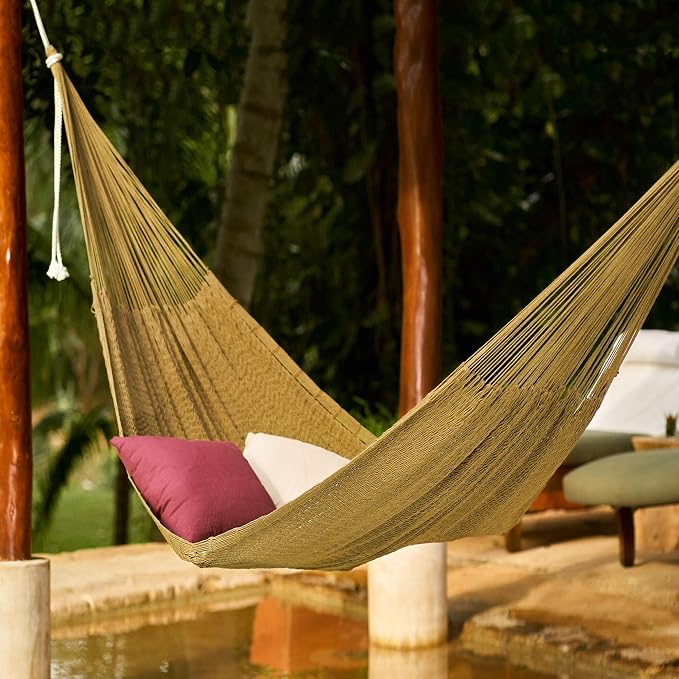 NOVICA Handcrafted Olive Cotton Rope Hammock - 146" L Hanging Hammocks for Indoor/Outdoor Camping and Relaxation, (Single) 'Uxmal Olive'
