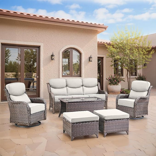 Swivel Patio Chairs sofa Set of 6 with 6" Thick Cushion - Wicker Outdoor Swivel Rocker Patio Chair ,Sofa/Glass coffee table, High Back Comfortable Outdoor Glider Chairs - Brown Wicker | Beige Cushions