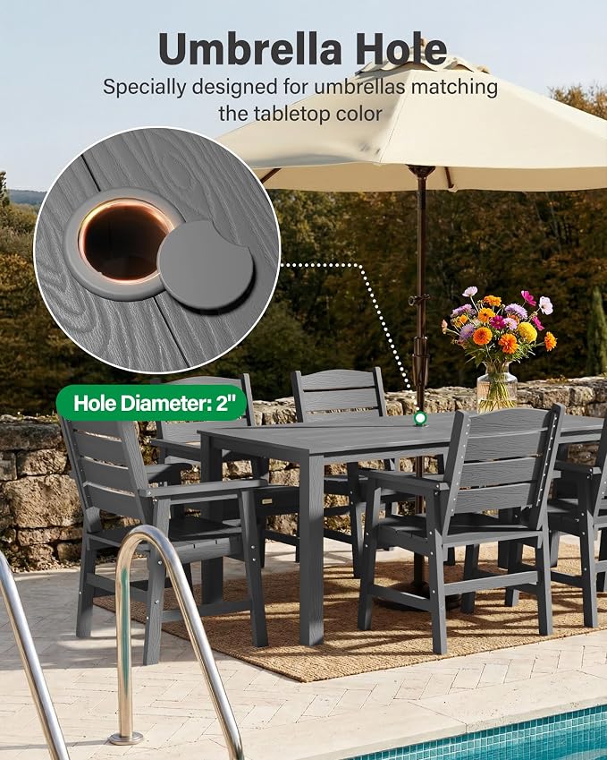 YEFU 7-Piece Patio Dining Sets: All-Weather Outdoor Table and Chairs Outside Furniture with Umbrella Hole & Aluminum Frame - HIPS Modern Patio Dining Set for 6 for Family Gatherings in Deck/Pool Grey