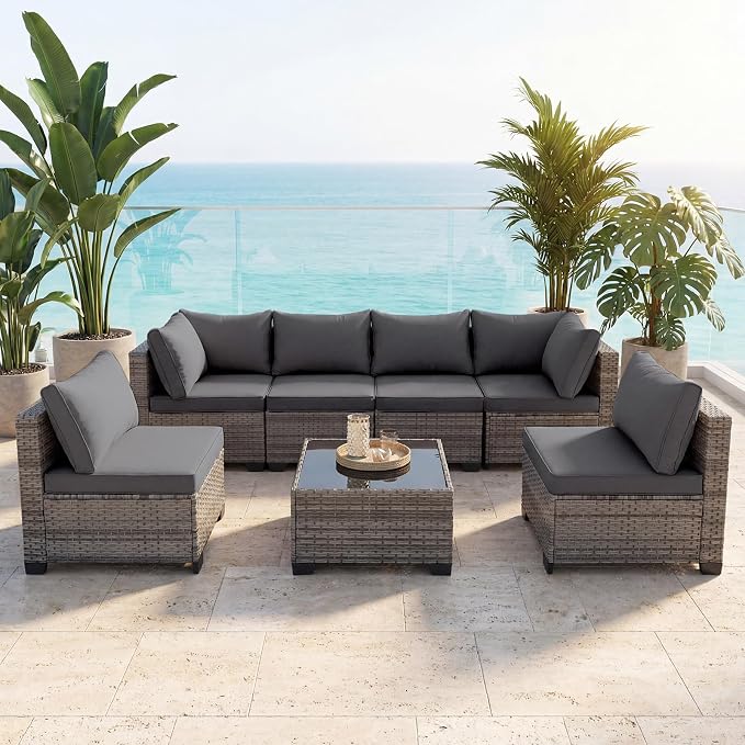 Loungewave 7 Pieces Outdoor Patio Furniture Set, Wicker Rattan Patio Conversation Set with Cushions & Coffee Table, All Weather PE Rattan Patio Sofa with Tea Table for Backyard Porch Garden (Grey)