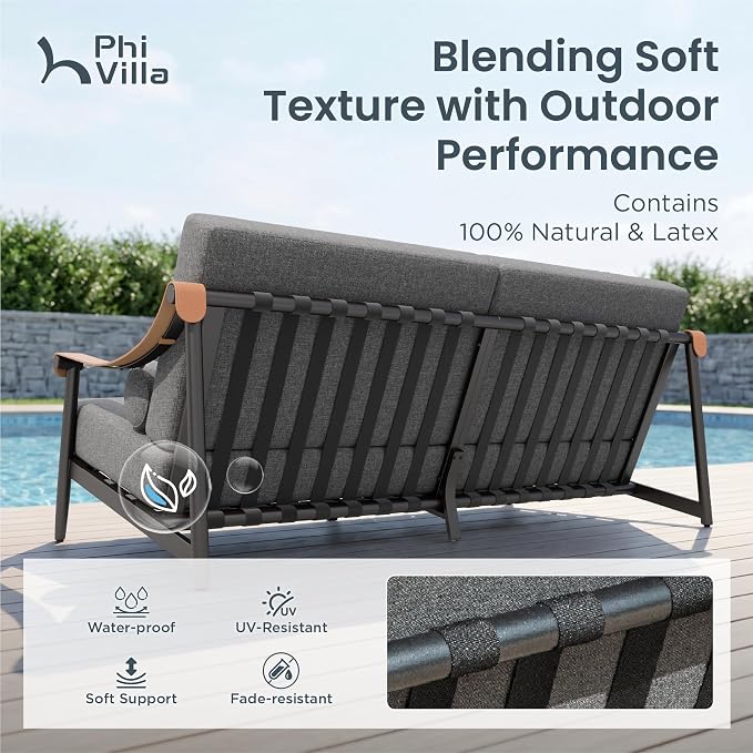 PHI VILLA Modern Outdoor Sofa with Extra Thick 6.3" Cushion,Deep & Wide Seat Patio Couch for Deck Front Porch Backyard