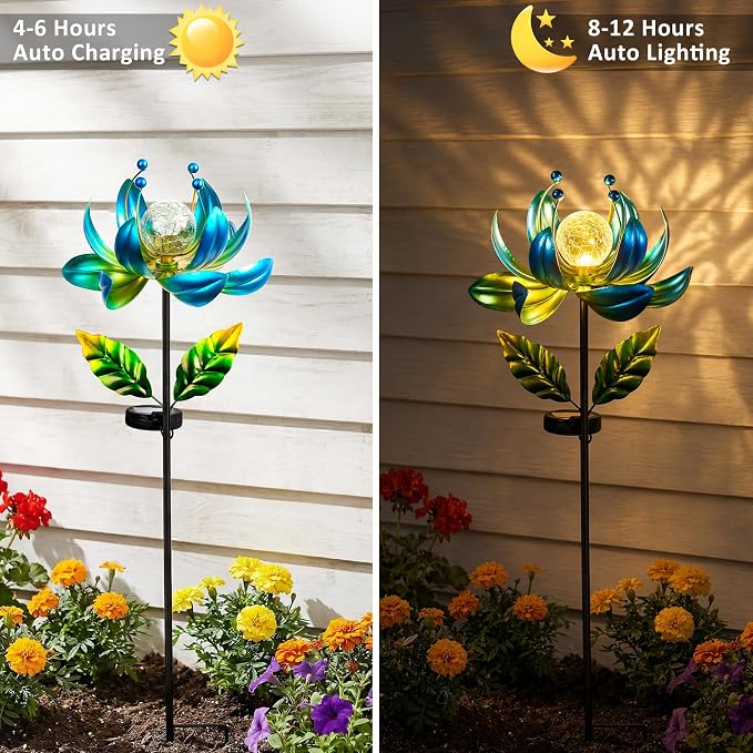 Solar Wind Spinners Outdoor Metal Kinetic Lotus Flower, Pinwheels for Yard and Garden Decor with Warm Crackle Glass Globe, 360° Spinning Yard Art Sculpture