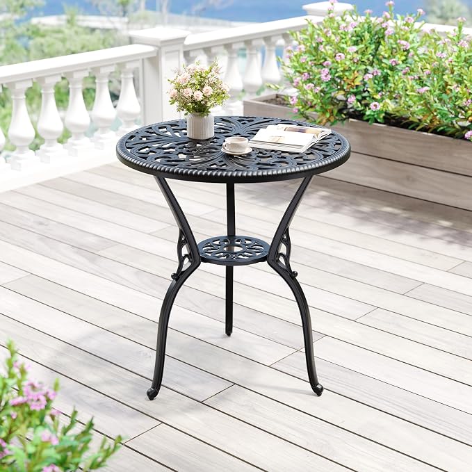 GAOMON 23" Cast Aluminum Patio Bistro Table with Umbrella Hole, Outdoor Round Coffee Bistro Side Table, Anti-Rust Outdoor Furniture for Backyard, Garden, Porch, Pool, Balcony, Black