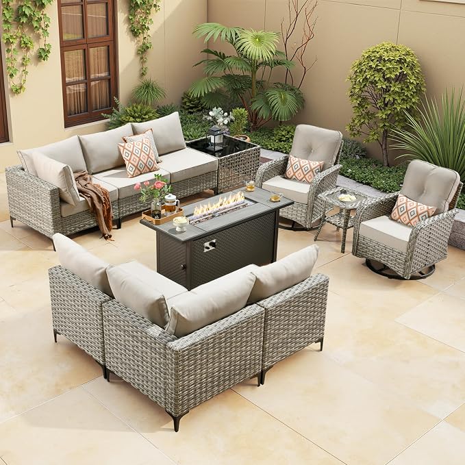 Outdoor Sectional Patio Furniture Set with Fire Pit Table,11 Pieces Rattan Wicker Conversation Sets L Shaped Couch,Out Door Furniture with Swivel Chairs Glowing Coffee Table,Beige