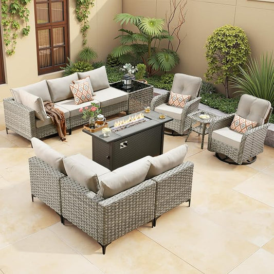 Outdoor Sectional Patio Furniture Set with Fire Pit Table,11 Pieces Rattan Wicker Conversation Sets L Shaped Couch,Out Door Furniture with Swivel Chairs Glowing Coffee Table,Beige