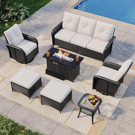 Aoxun 7-Piece Patio Furniture Set with 44” Fire Pit Table, Wicker Rattan Outdoor Sectional Sofa with High Back Swivel Rocker Chairs, Outdoor Patio Furniture Set with Thick Cushions & Ottoman, Beige
