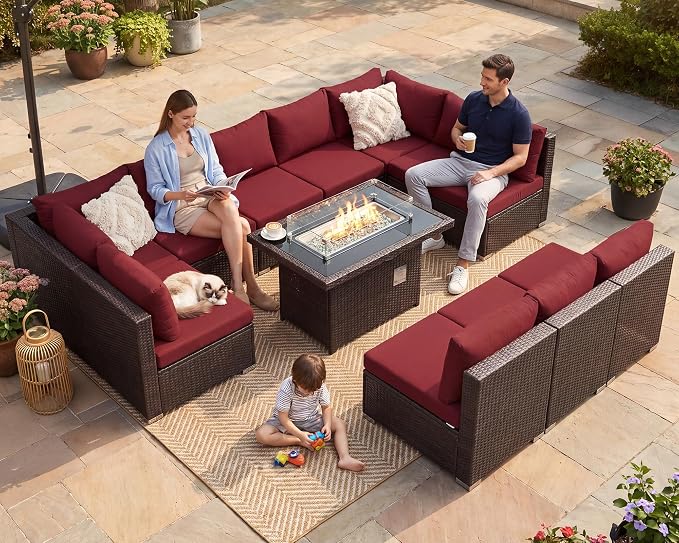 NICESOUL 11 Piece Outdoor Furniture Set with Firepit, Luxury 10-Person Patio Sectional Sets, 29.3'' High-Back Backyard Seating, All-Weather Rattan Couch Sofa for Outside, Deck, Brown & Red