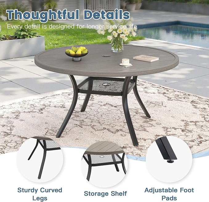 DIFY 5 Piece Outdoor Dining Set for 4, Outdoor Furniture Set of 4 Sandshell Textilene Swivel Patio Chairs, 47.2" Grey Wood-Like Round Metal Dining Table Set with Umbrella Hole for Garden Deck Backyard