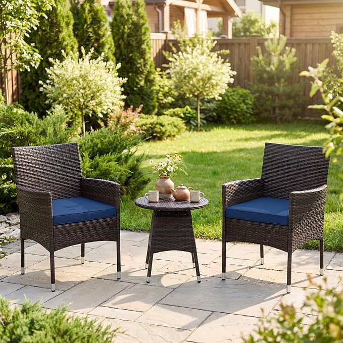 Tangkula 3 Piece Patio Furniture Set, Hand-Woven PE Wicker Conversation Set with Contoured Armchairs, Cushions & Round Coffee Table, Outside Bistro Set for Porch, Backyard, Balcony (Navy Blue)