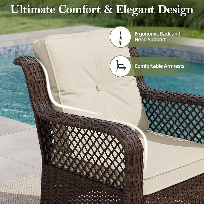 Outdoor Patio Furniture Set with Swivel Chairs and Ottoman, 6 Pieces All-Weather Wicker Patio Conversation Sets with Sofa and Coffee Table for Backyard, Porch, Balcony, Beige