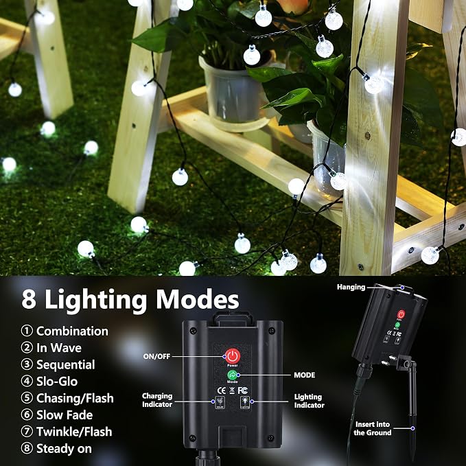 Joomer Solar String Lights Outdoor Waterproof, 65FT 100LED Globe, White | 8 Modes Waterproof Outdoor Solar Powered Patio Lights for Spring Summer Garden Lawn Gazebo Porch Backyard Tree Decorations