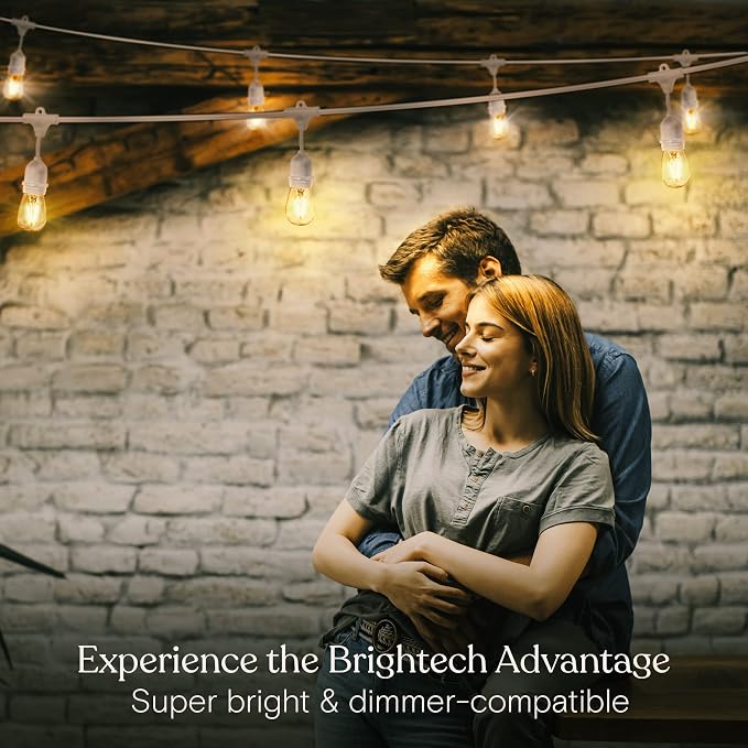 Brightech Ambience Pro Waterproof LED Outdoor String Lights, 48 Ft, Hanging, Dimmable Vintage Edison Bulbs, 15 Bulbs, 2W | Plug-in Outdoor String Lights, Waterproof Patio Lights, 15 Shatterproof LED Edison Bulbs for Backyard, 2W Soft White, White