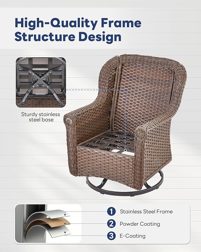 Patio Swivel Chairs Set of 2-High Back Swivel Rocker Outdoor Chair Patio Chair for Deck Porch Lawn Garden Backyard-Brown/Blue