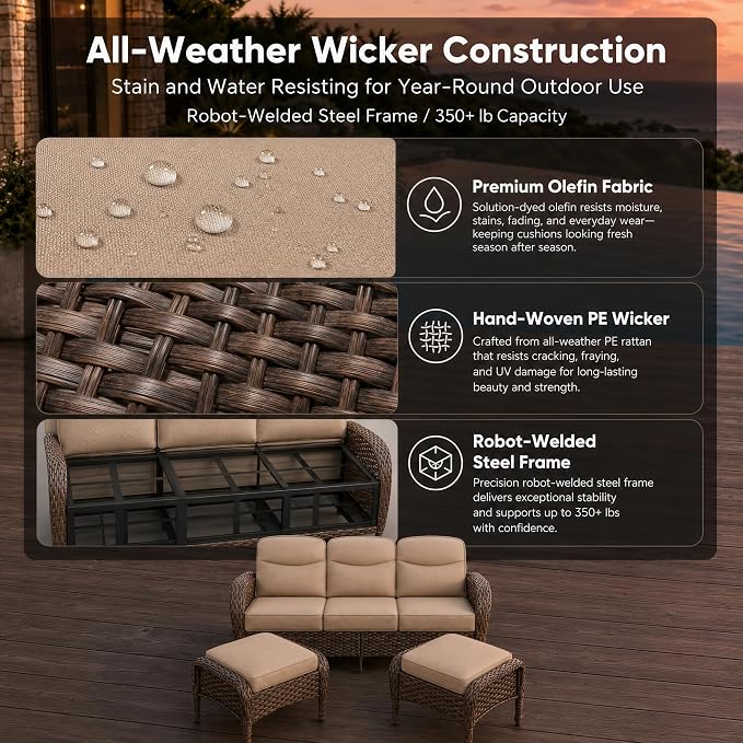 HUMMUH Outdoor Couch with 6-inch Thick Cushion, Luxury High Back Patio Furniture Set -Patio Sofa with Ottomans,3PCS Wicker Conversation Set for Deck Yard and Porch