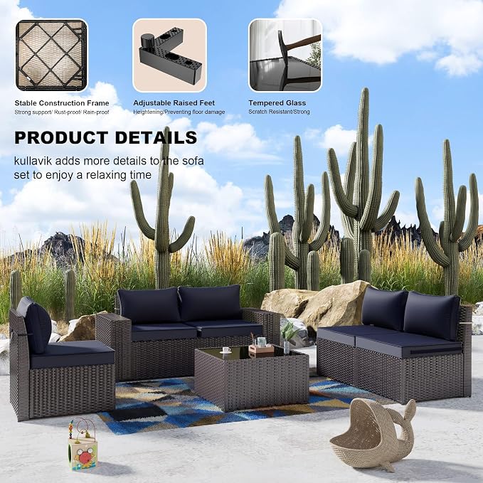 Kullavik 9 Pieces Outdoor Patio Furniture Set,PE Wicker Rattan Sectional Sofa Patio Conversation Sets with Tempered Glass Table,Swivel Rocking Chairs Set,Navy Blue