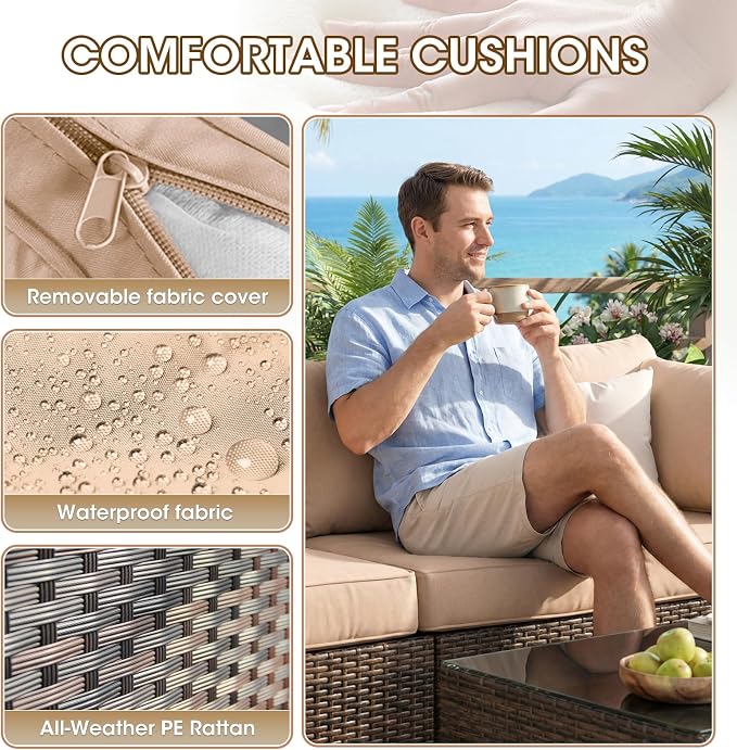 Grezone 7 Piece Patio Furniture Set with 44" Fire Pit Table, Outdoor Sectional Couch, PE Rattan Patio Conversation Sets with 4inch Cushions for Backyard Beige