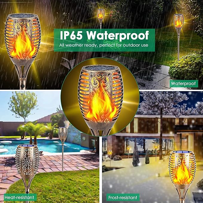 TomCare Flickering Flame Solar Torch Lights Outdoor, 43" Tall, 4 Pack | Realistic 99-LED Flame Effect, Charges in 6-8 Hours, 10-12-Hour Runtime, IP65 Waterproof, Auto On/Off for Yard, Patio, Garden