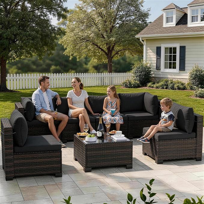 CHABATREE 7-Piece Outdoor Patio Furniture Sets, Manual Weaving Rattan Conversation Sectional Sofa with Tempered Glass Coffee Table, All-Weather PE Wicker & Thick Cushions for Garden, Backyard, Porch