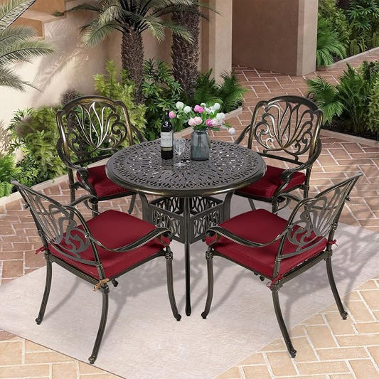 5-Piece Outdoor Patio Dining Set, All-Weather Cast Aluminum Patio Table Set, Include 4 Cushioned Chairs and a 35.4 inch Round Table w/Umbrella Hole for Balcony Garden Backyard, Red