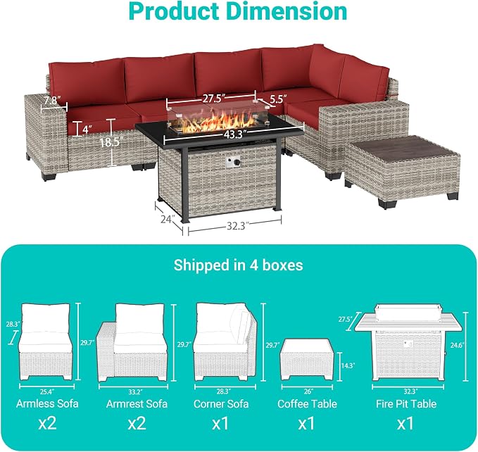 7-Piece Outdoor Patio Furniture Set with 55,000 BTU Fire Pit Table, PE Wicker Rattan Sectional Sofa Patio Conversation Set with Thickened Cushions & Coffee Table, Red