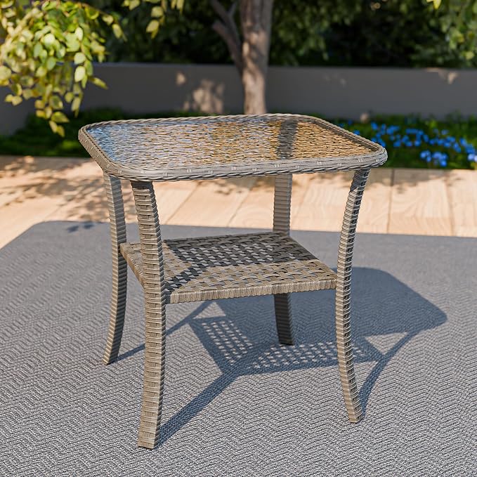 Outdoor Woven Rattan Coffee Table with Tempered Glass, Wicker Side Table for Outside Patio Porch, Stonewash Gray