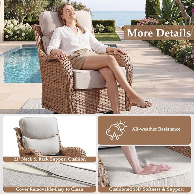 Luxury High Back Patio Furniture Set with 6-Inch Thick Cushions, 7-Pieces Outdoor Furniture with Swivel Chairs &Side Table, Wicker Conversation Set for Porch, Balcony, Deck and Yard, Yellow/Beige