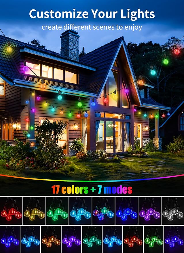 Brightown Outdoor String Lights 29 Feet G40 LED Patio Lights, RGB, Remote | 12 Plastic Edison Bulbs, Timer, Waterproof Connectable Outside Light for Backyard Porch Balcony Party Christmas Decoration