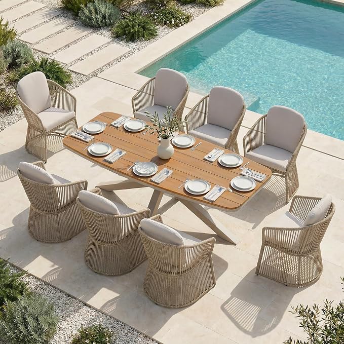 SUNSITT 9 Piece Outdoor Patio Dining Set, Patio Dining Furniture Set with 87” Aluminum Dining Table w/X Base Legs and 8 Woven Wicker Outdoor Patio Chairs w/Curved Armrest for Garden, Beige