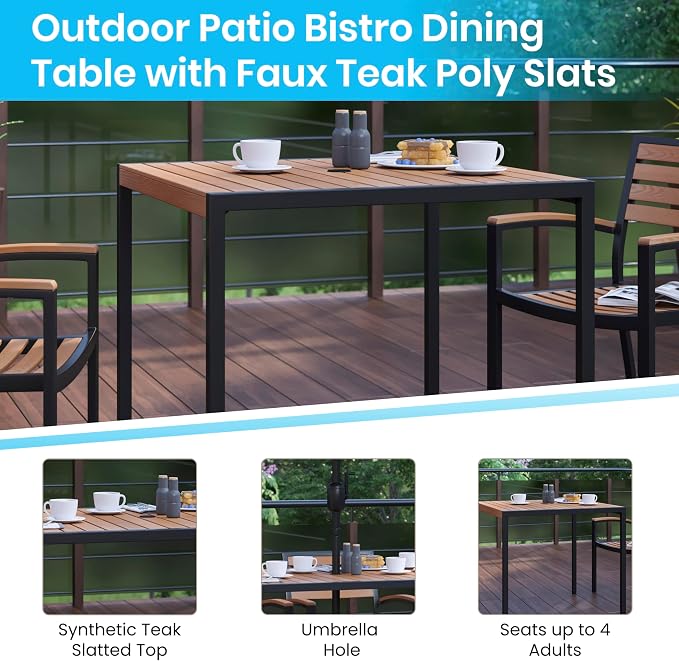 Flash Furniture Lark Outdoor Steel Dining Table - Faux Teak Poly Slatted Top - Commercial Grade Dining Table with Black Frame - 35" Square - Umbrella Holder Hole