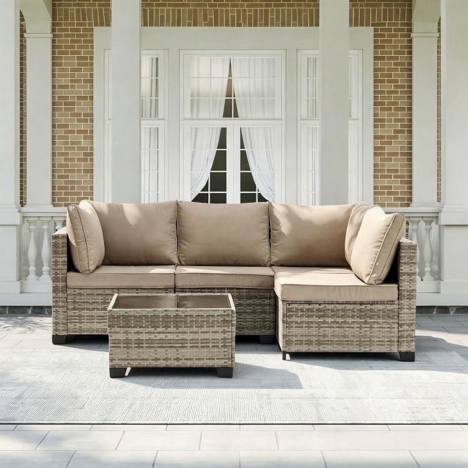 MOCHITO 5 Pcs Outdoor Patio Furniture Sets Grey Rattan Khaki Cushions | All-Weather Sectional Sofa, with Glass Table, PE Rattan Wicker Patio Furniture , Washable Cushions, for Balcony Porch Garden