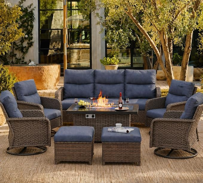 XIAO WEI 8-Piece Outdoor Furniture Set with Fire Pit Table, Wicker Patio Conversation Set with Cushions & Swivel Glide Chairs, All-Weather Patio Furniture Set for Backyard, Garden, Deck (Blue)
