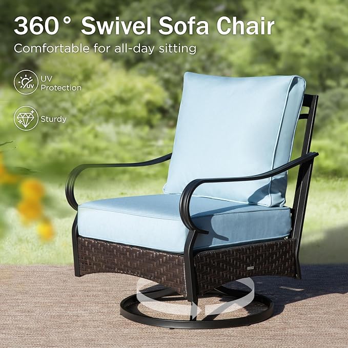 PHI VILLA Outdoor Modern Patio Furniture Set, Upgraded Wicker & Metal Patio Furniture Conversation Set with Waterproof Thick Cushions for Porch, Poolside, Yard (4 Pieces,Blue)