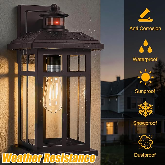 Brilvibera Motion Sensor Outdoor Wall Sconces Hardwired 16" Bronze | Outdoor Sconce Lights Dusk to Dawn for House, Doorway, and Garage, Rustic Brown Motion Sensing Outside Porch Light