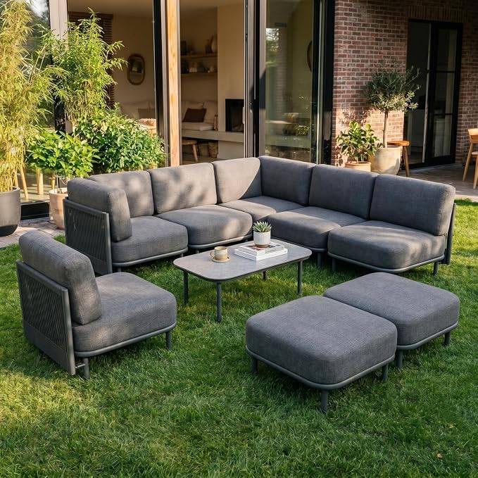 LayinSun 9 Pieces Patio Furniture Set with Coffee Table, Modern Outdoor Modular Sectional Conversation Set L-Shaped Sofa with 7-inch Cushion for Garden Backyard Deck