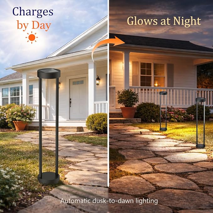 Modern Solar Floor Lamp, Outdoor Bollard Light for Garden Pathways (24" H - 2Pack)