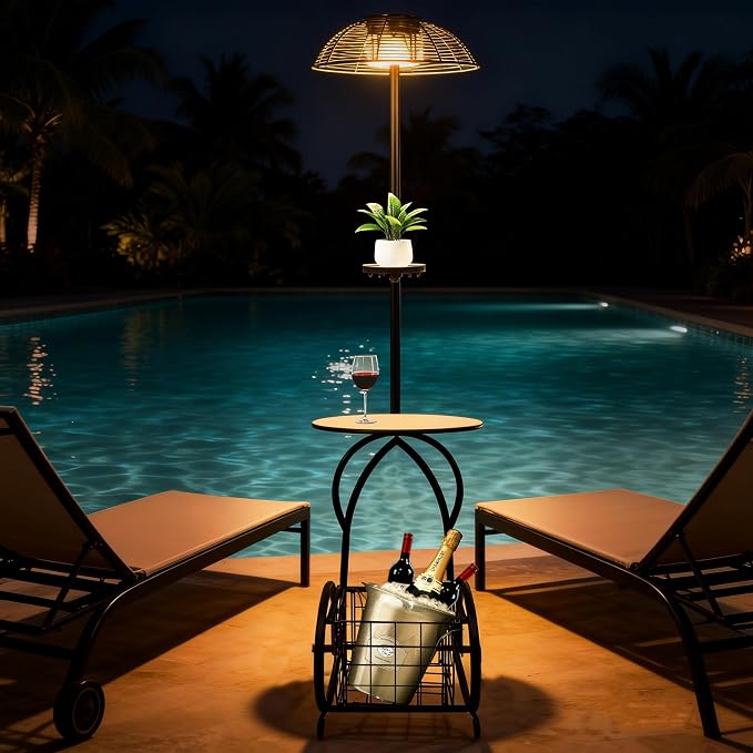 Solar Outdoor Coffee Table with Light, 52.5'' Black Metal Patio Coffee Table, Waterproof IP65 Solar Side Table with Auto Lighting & USB Charging, Outdoor Plant Stand for Patio Porch Backyard Poolside