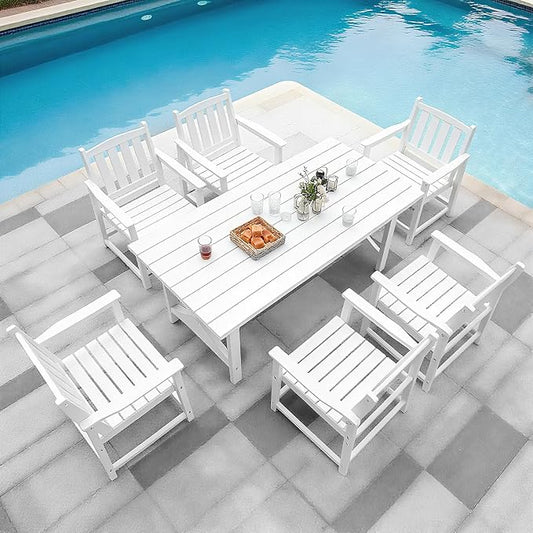 Outdoor HDPE Dining Table Set, 7-Piece Patio Dining Furniture Sets with Umbrella Hole Table and 6 Chairs for Backyard, Poolside, Garden and Lawn, White