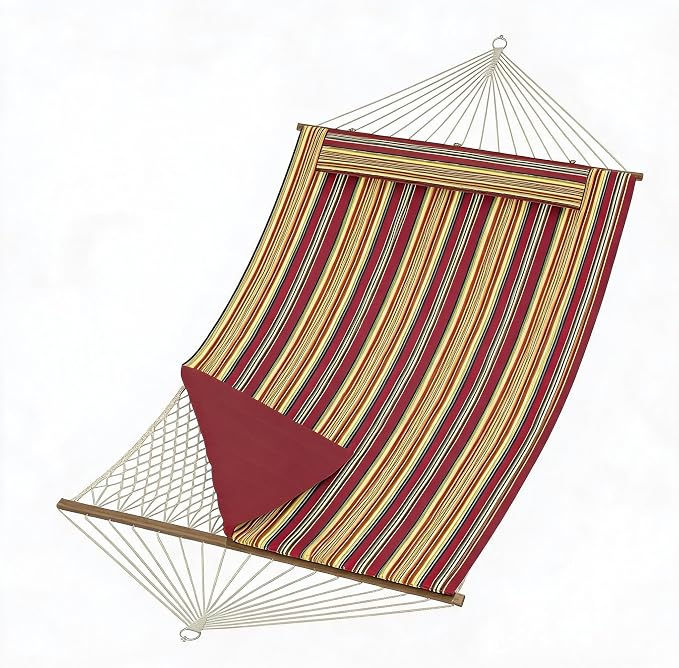 Rope Hammock for Outside, 12FT Double Spreader Bar Hammock for 2-Person, Quilted Outdoor Hammock with Detachable Pillow, Side Storage Pockets & Carabiners, 450 lbs Capacity for Yard, Patio, Garden