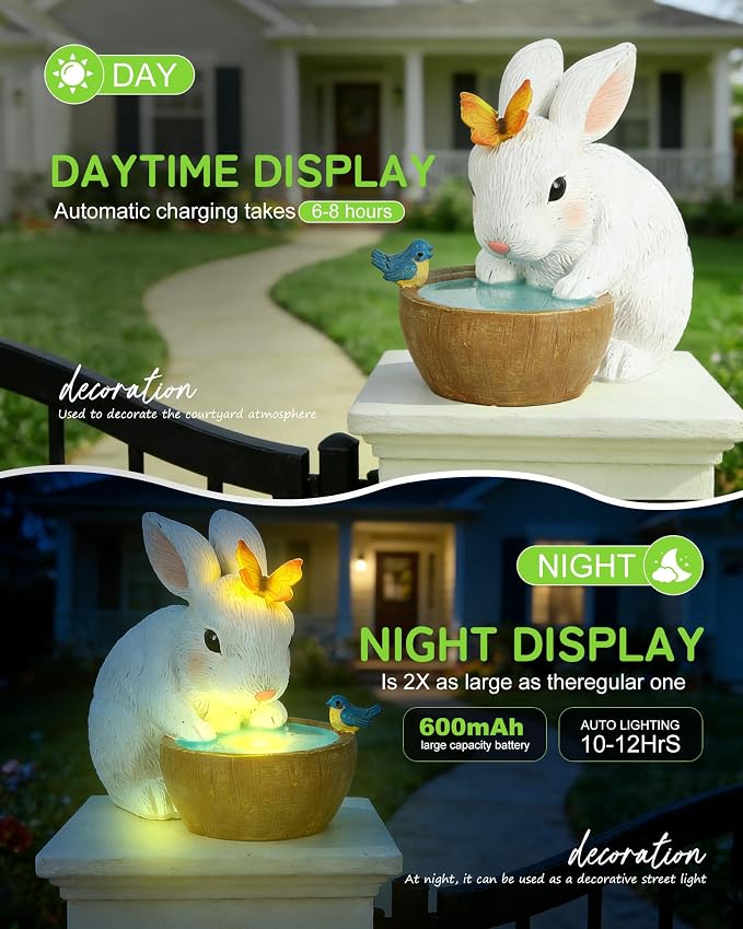 Solar Bunny Garden Outdoor Statues Decor - Birthday Gifts for Mom | Rabbit with Butterfly and LED Lights Garden Decor for Home House, Yard Art Lawn, Ornaments, Porch Patio, Balcony