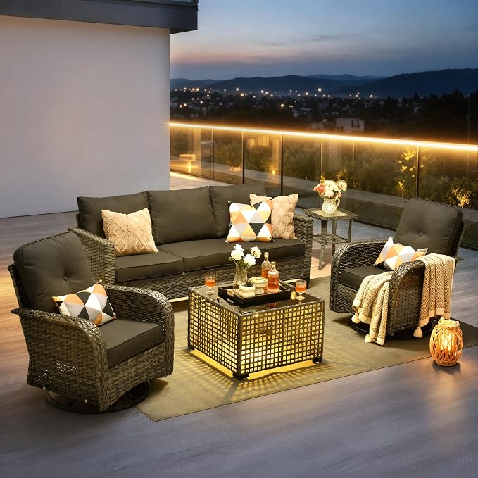 CAODOC Patio Furniture, All Weather Wicker 6 PCS Outdoor Sofa with High Back Swivel Rocker Chairs, Conversation Set with Solar Light Coffee Table,Light Rattan Black Cushion