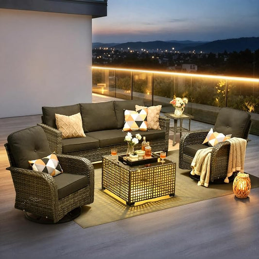 CAODOC Patio Furniture, All Weather Wicker 6 PCS Outdoor Sofa with High Back Swivel Rocker Chairs, Conversation Set with Solar Light Coffee Table,Light Rattan Black Cushion