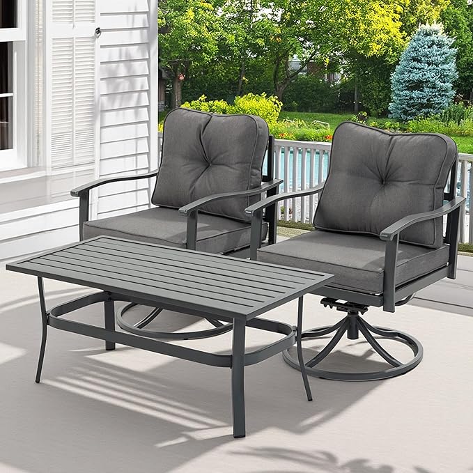 Outdoor Patio Furniture Set, 2 Pcs Swivel Chairs and Coffee Table, All-Weather Metal Modern Outside Furniture with Washable Thick Cushion for Garden/Backyard/Porch, Grey