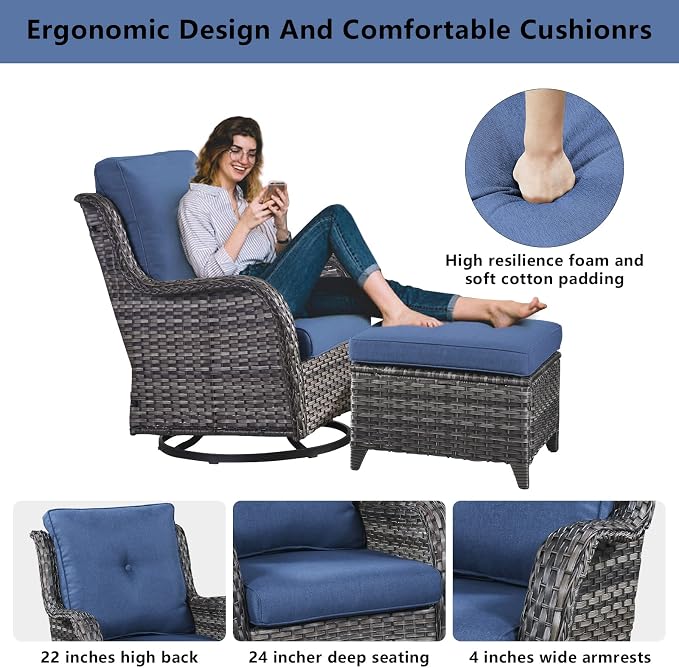Belord Wicker Patio Furniture Sets - 8 Piece Outdoor Furniture Rattan Conversation Sets with 4 Swivel Rocker Chairs, Rattan Sofa, Wicker Ottomans and Coffee Table, Mixed Grey/Blue